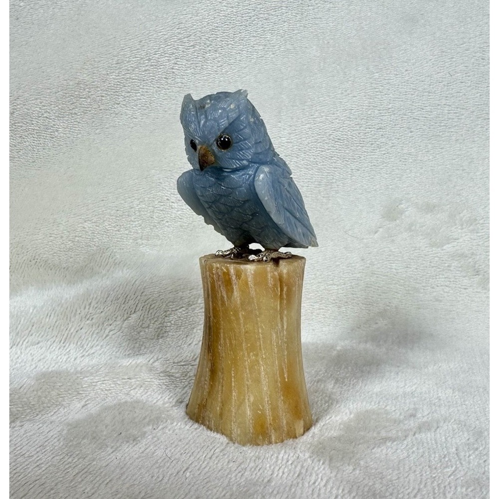 Angelite Onyx Carved Owl Bird Aragonite Base Figurine  Calm Wisdom Energy